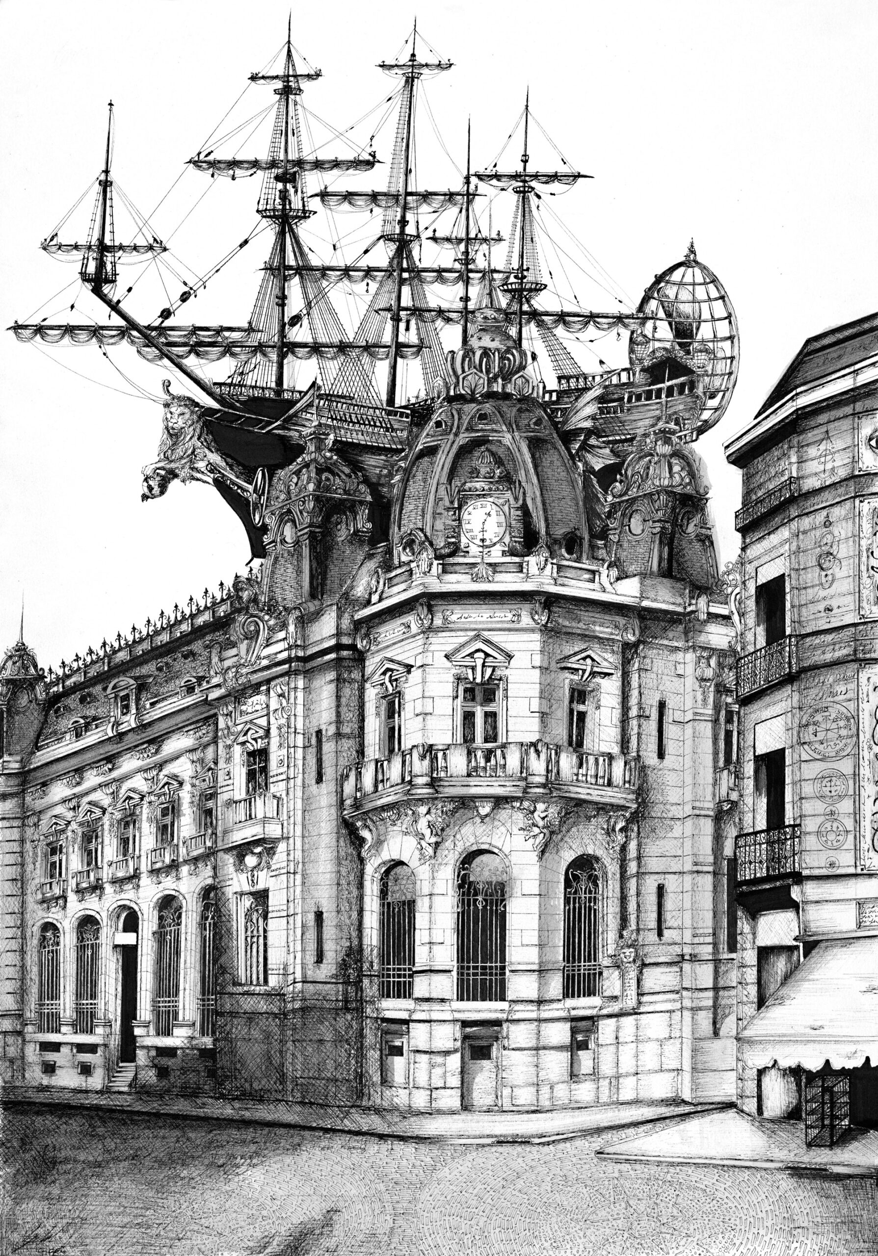 Composition d'architecture : Caisse d'Epargne Languedoc - Encre et aquarelle sur papier - 50.5x36 cm - 1900e