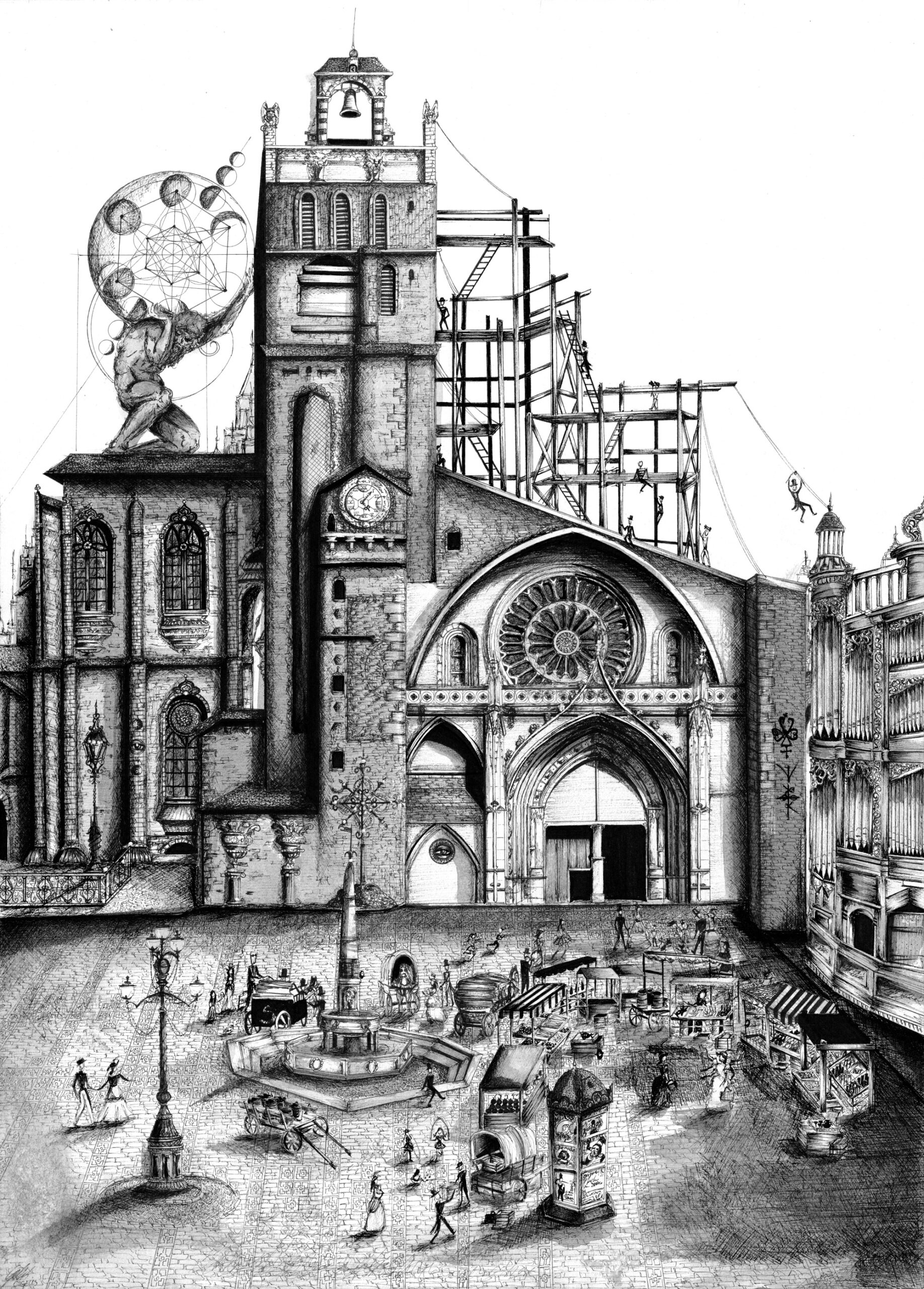Composition d'architecture : Place St-Etienne - Encre et aquarelle sur papier - 51x36 cm - 1900e