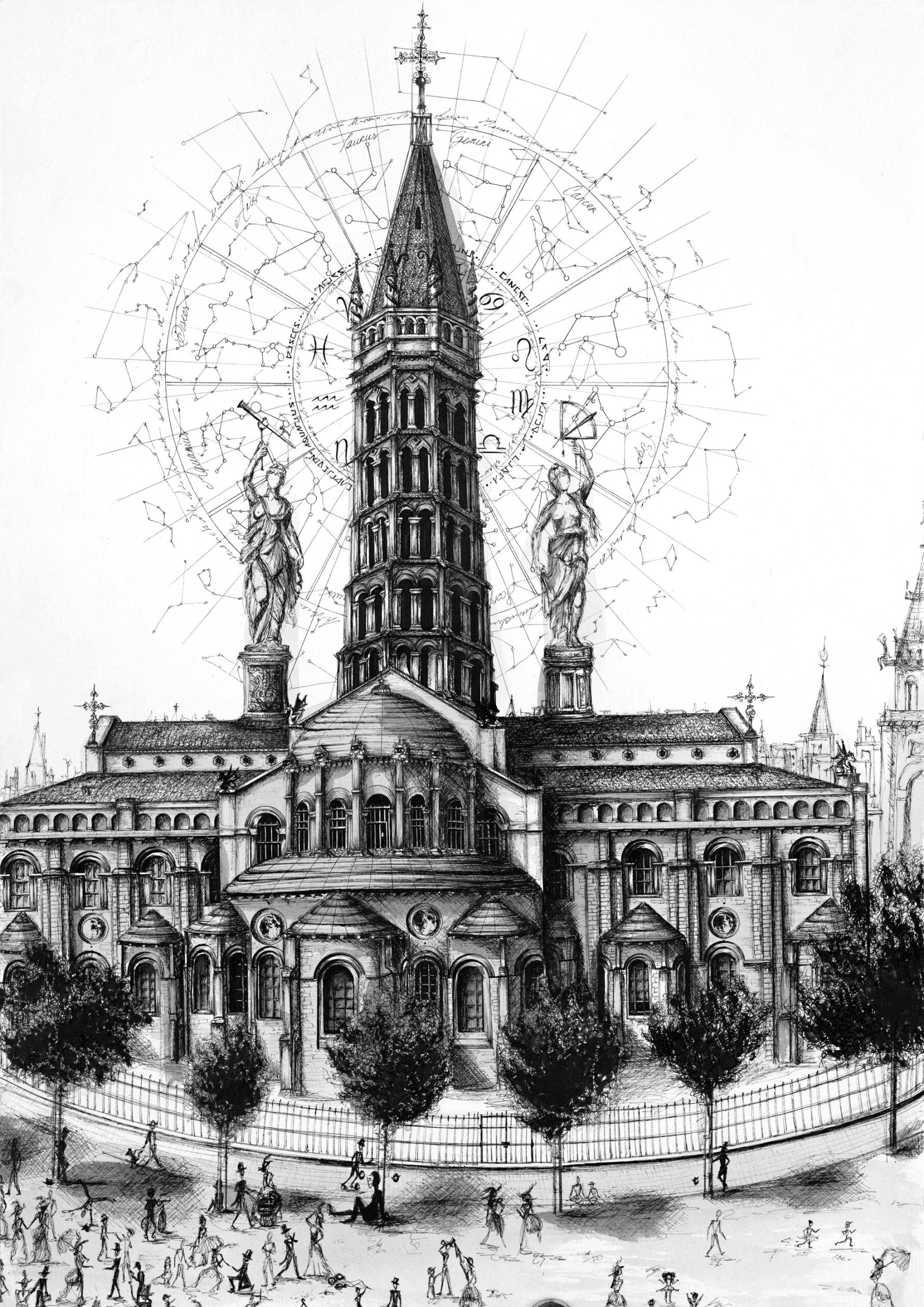 Composition d'architecture : Basilique St-Sernin - Encre et aquarelle sur papier - 51x36cm - 1900e - VENDU